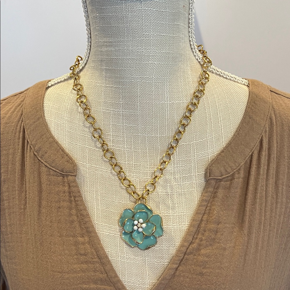 Gold Chain Necklace with Turquoise Flower Pendant - Women's Jewelry